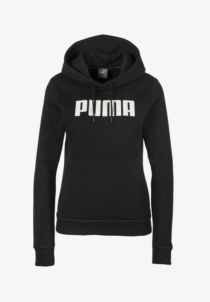 Sort langærmet hættetrøje med frontlomme og hvid "PUMA" logo centreret på brystet.