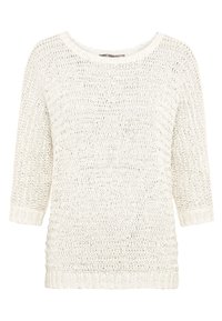 Lehký krémový svetr s volným pletením, lodičkovým výstřihem a rukávy po lokty. Ribované lemy a manžety.