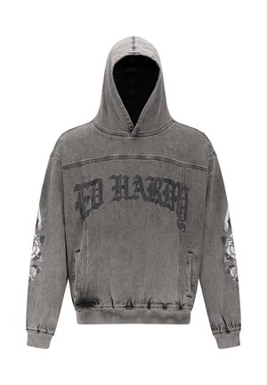 Grijze gewassen hoodie met de tekst "ED HARDY" op de borst en bloemen tattoo-achtige ontwerpen op beide mouwen.