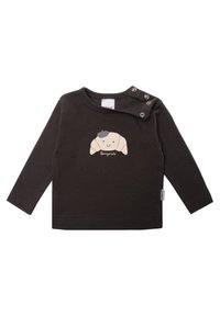 Dunkelbraunes Langarm-T-Shirt mit einem Cartoon-Croissant-Graphic und dem Text "Bonjour". Mit Druckknopfverschluss an der Schulter. Aus weichem Stoff.
