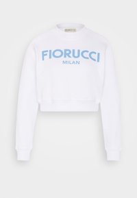 Sweat-shirt blanc court en coton, avec un col rond et des manches longues. Le devant affiche un logo bleu "FIORUCCI MILAN".