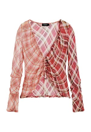 Blouse à manches longues en tartan rose et rouge transparent, avec des détails froncés à l'avant et un cordon de serrage orné d'un accent métallique à l'ourlet.