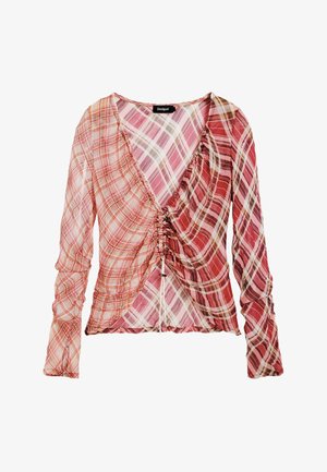 Hosszú ujjú blúz áttetsző rózsaszín-piros kockás mintával, elöl ráncolt részletekkel és fém díszítésű húzózsinórral az alsó szélén.