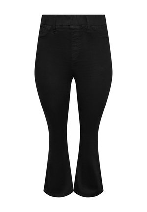 Jeans neri a campana con una texture liscia, vita media e design a cinque tasche. Presentano una chiusura con zip e passanti per la cintura.