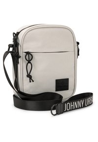 Borsa a tracolla in tessuto grigio chiaro con dettagli neri, dotata di tasca frontale con zip, tracolla regolabile e patch logo impresso.