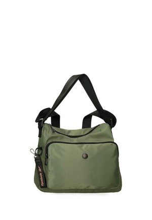 Bolso de hombro verde Reebok con correas negras ajustables, bolsillo frontal con cremallera y etiqueta negra con logo en el lateral.