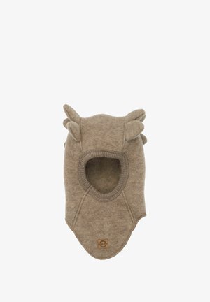 Brown woolen hat with ear flaps and a rounded face opening. Accented with small, rounded horns. Features a branded tag on the side.