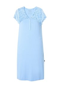 Camicia da notte azzurro chiaro con maniche a cappuccino in pizzo, chiusura con bottoni e una superficie in tessuto liscia. Presenta motivi floreali sul pizzo.