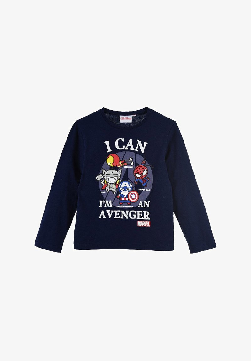 Navy long-sleeve shirt with graphic design featuring cartoon characters like Iron Man and Spider-Man, and the text "I CAN I'M AN AVENGER."