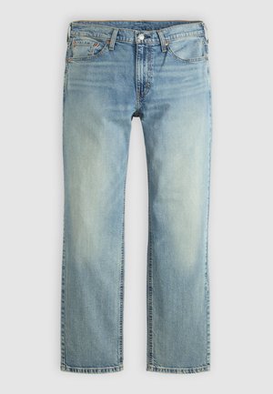 Light blue denim jeans with a straight-leg design. Features five pockets, metal button, and orange stitching accents. Faded finish.