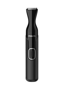 Philips trimmer, black plastic body, tapered design, textured grip, silver button, precision cutting head with fine teeth, compact and sleek.