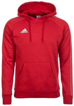 Red Adidas hoodie with white logo on chest, front kangaroo pocket, drawstring hood, and thin white stripe along sleeves.