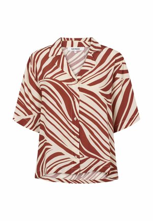 Rövidujjú gombos ing krém színben, merész bordó és fehér hullám mintával, laza szabással és klasszikus gallérral.