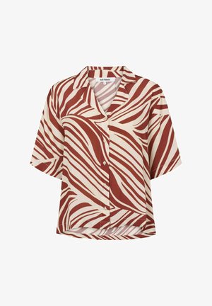 Rövidujjú gombos ing krém színben, merész bordó és fehér hullám mintával, laza szabással és klasszikus gallérral.