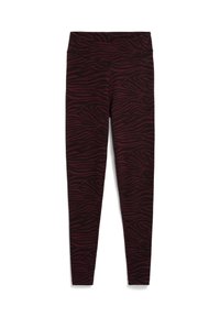 Hooggesneden leggings in een donker bordeauxrood met een subtiel zebrapatroon, gemaakt van rekbare stof voor comfort. Zachte textuur door het geheel.