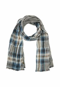 Écharpe à carreaux présentant des nuances de bleu, gris et blanc avec des extrémités effilochées. Fabriquée en tissu léger, elle a une finition douce et texturée.