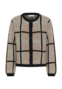 Bežs adīts džemperis ar melnu režģa rakstu, apaļu dekoltē, melnām pogām un ribota piegriezuma piedurknēm. Mīksta tekstūra ar kontrastējošiem krāsu akcentiem.