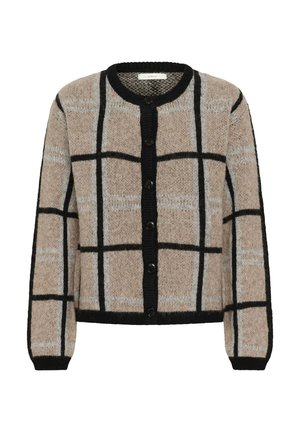 Bežani pleteni kardigan s crnom mrežastom šablonom, okruglim izrezom, crnim gumbima i rebrastim manžetama. Mekana tekstura s kontrastnim bojama.