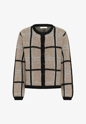 Beżowy dziane kardigan z czarnym wzorem w kratkę, okrągły dekolt, czarne guziki i ściągacze. Miękka tekstura z kontrastującymi akcentami kolorystycznymi.