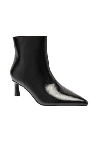 Bottine en cuir verni noir avec un bout pointu, un talon fin et une finition lisse. Présente un design élégant et une silhouette épurée.