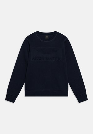 Granatowa bluza z bawełnianej mieszanki, z haftowanym logo Aston Martin na piersi, dekoltem w kształcie litery U i ściągaczami na mankietach.