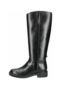 Bota de cuero negra hasta la rodilla con una superficie lisa, puntera redondeada y un tacón bajo en bloque. Presenta un mínimo de costuras y una silueta elegante.