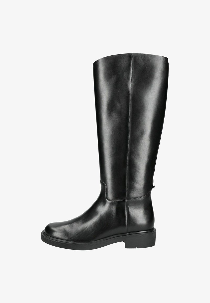 Bota de cuero negra hasta la rodilla con una superficie lisa, puntera redondeada y un tacón bajo en bloque. Presenta un mínimo de costuras y una silueta elegante.