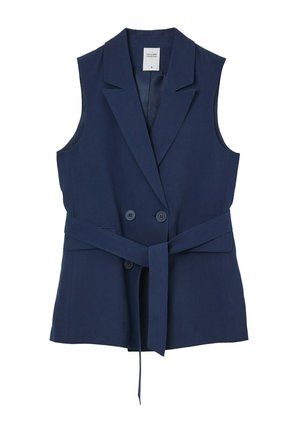 Gilet senza maniche blu navy con colletto a scollo a V, chiusura a doppio bottone, tasche laterali e una cintura in tessuto abbinato per una vestibilità regolabile.
