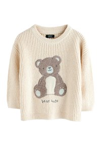 Maglione lavorato a maglia color crema con un motivo testurizzato, caratterizzato da un design di orso e le parole "abbracci d'orso" in fondo. Maniche corte.