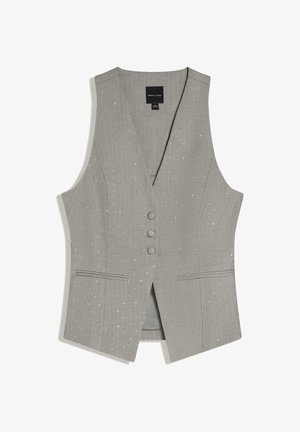 Gilet sartoriale grigio a righe sottili con tre bottoni rivestiti in tessuto e due tasche a filetto frontali, senza maniche e in stile aderente.