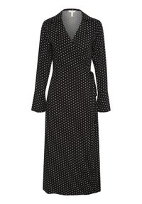 Schwarzes Wickelkleid mit langen Ärmeln und weißen Punkten, ausgestattet mit einem V-Ausschnitt und einer gebundenen Taille. Glatte Stofftextur.