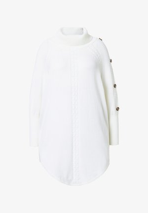 Pull à col roulé blanc avec un motif en torsades et des accents de boutons sur les manches. Présente une coupe décontractée et un ourlet arrondi. Tissu tricoté texturé.