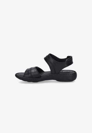 Schwarze Ledersandalen mit einem Ausschnitt-Design, verstellbarem Riemen, abgerundeter Zehe und strukturiertem Gummisohle für Grip und Komfort.