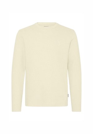 Lichtcrème lange mouw shirt met een ronde hals, textuur stof, en een klein logo op de borst. Eenvoudig ontwerp zonder patronen of accenten.