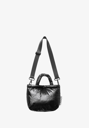 Black puffer bag with a textured, shiny finish. Features a short handle and an adjustable, detachable strap. Front tag reads "SENSES."