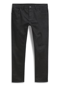 Jeans de mezclilla negra con corte slim, que cuentan con un diseño de cinco bolsillos, cierre de botón y una textura sutil. Largo de pierna estándar y sin patrones visibles.