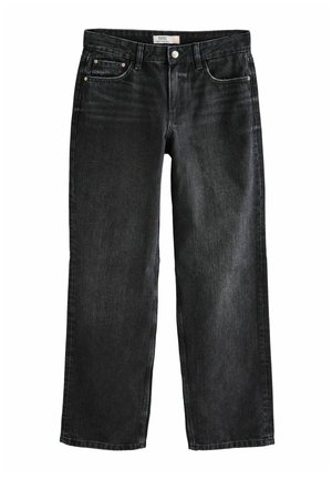 Čierne denimmové džínsy s rovný fit, obsahujúce päť vreciek, kovové zapínanie na gombík a jemné odreniny na látke.