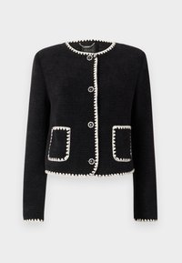 Cardigan nero a trama con bordi bianchi a zigzag, scollatura rotonda, bottoni frontali e due tasche frontali.