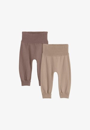 Deux paires de pantalons en tricot. L'une est d'un brun doux, l'autre est d'un beige clair. Les deux disposent de ceintures larges côtelées et de poignets élastiqués.