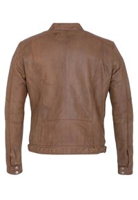 Brun läderjacka med en slät yta, som har ståkrage, figursydd design, sömdekorationer och tryckknappar som accenter.