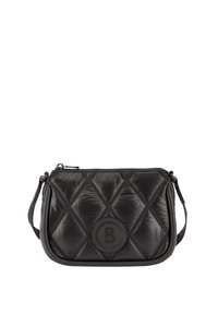 Schwarze, gestepptes, synthetisches Crossbody-Bag mit einem runden Logo, ausgestattet mit einem Reißverschluss, verstellbarem Tragegurt und einem diamantförmigen Muster.