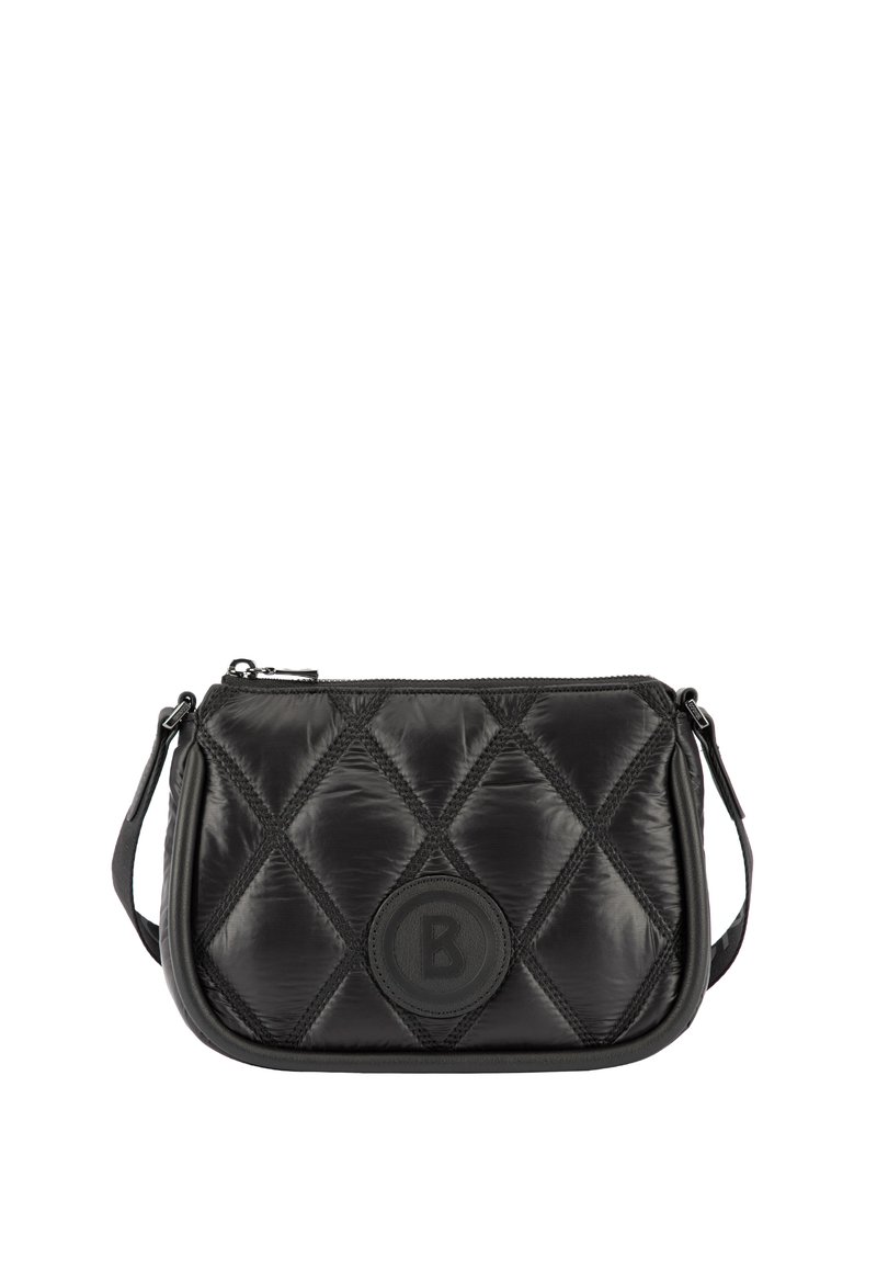 Schwarze, gestepptes, synthetisches Crossbody-Bag mit einem runden Logo, ausgestattet mit einem Reißverschluss, verstellbarem Tragegurt und einem diamantförmigen Muster.