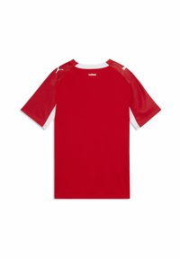 Κόκκινη αθλητική φανέλα με κοντά μανίκια, λευκές λεπτομέρειες στους ώμους και πλεκτή υφή στα μανίκια. Λογότυπο «suisse» στο πίσω μέρος του λαιμού.