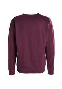 Felpa a maniche lunghe con colletto rotondo in viola scuro, vista da dietro, con polsini e orlo a coste.