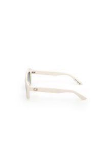 White sunglasses with a rectangular shape, gray lenses, and textured frames. The temple features a small “G” logo accent.