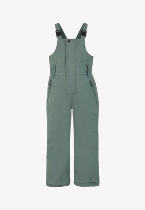 Žalios izoliotos sniego kelnės su reguliuojamomis petnešomis, užtrauktuko šoninėmis kišenėmis ir priekyje užsegamu snapeliu.