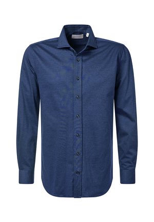 Marineblaues Langarm-Hemd mit Knöpfen und einem klaren Kragen, das eine glatte Stoffstruktur aufweist und sechs schwarze Knöpfe auf der Vorderseite hat.