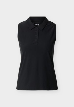 Črna brezrokavna polo majica s štirimi gumbi spredaj in majhnim belim logotipom Nike znotraj ovratnika na enobarvnem ozadju.