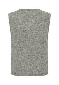 Harmaa, hihaton neuleliivi, jossa on kammattu pinta. Takana on yksinkertainen, siisti muotoilu ja pyöreä kaula-aukko.