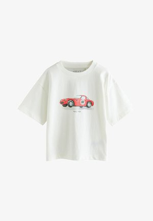 White short-sleeve T-shirt with a red race car illustration and the text "82" and "Race Day" printed on the front center.